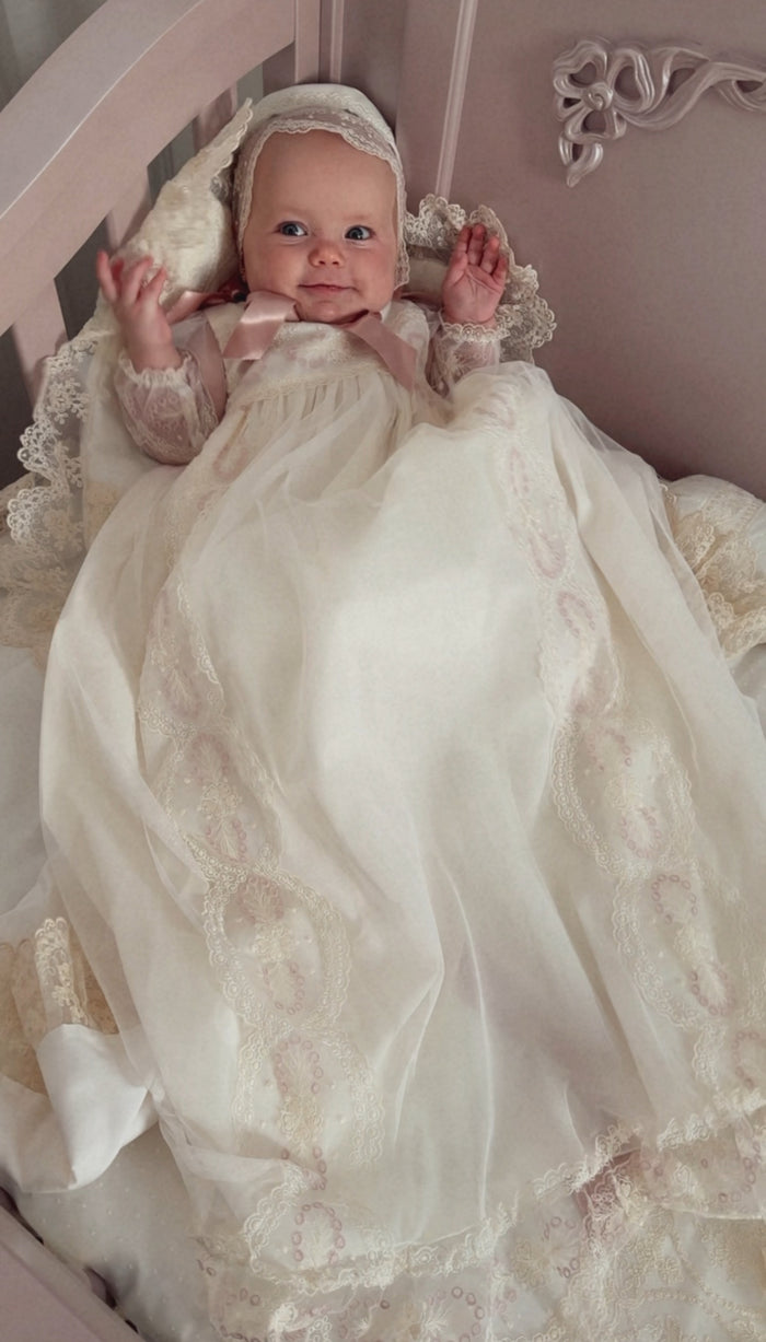Clotilde Ivory and Dusty Pink Lace Gown