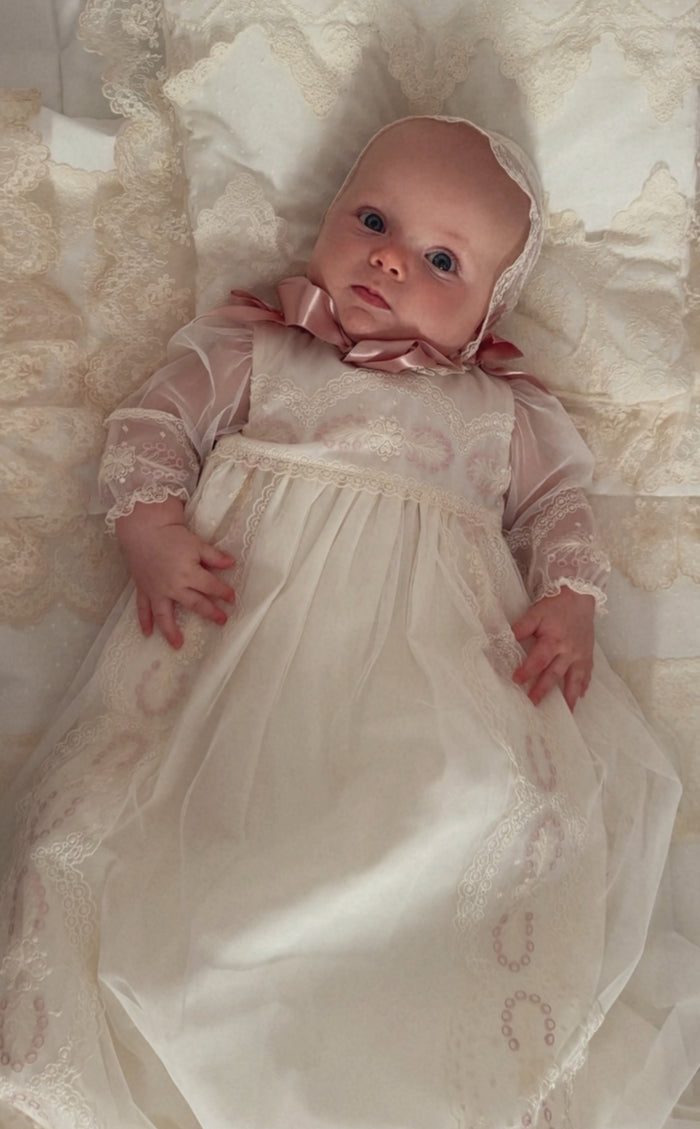 Clotilde Ivory and Dusty Pink Lace Gown