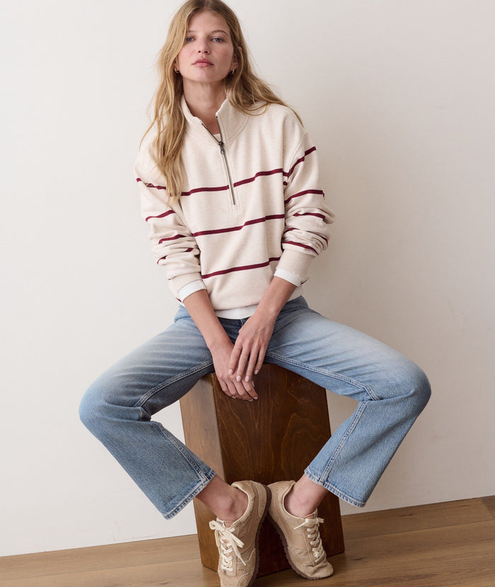 Cloud 9 Fleece Half Zip - Oatmeal & Cabernet Stripe