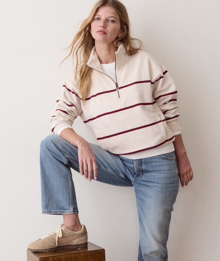 Cloud 9 Fleece Half Zip - Oatmeal & Cabernet Stripe