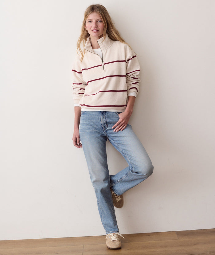 Cloud 9 Fleece Half Zip - Oatmeal & Cabernet Stripe
