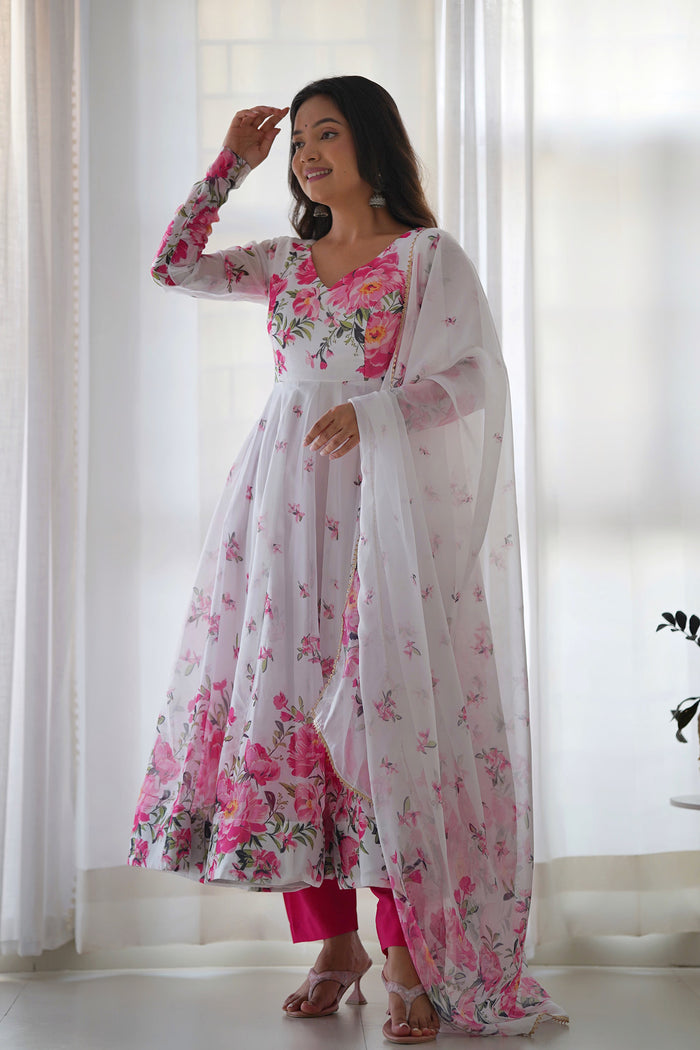 Cloud White Organza Floral Printed Anarkali Set