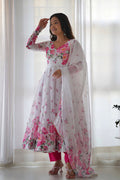 Cloud White Organza Floral Printed Anarkali Set
