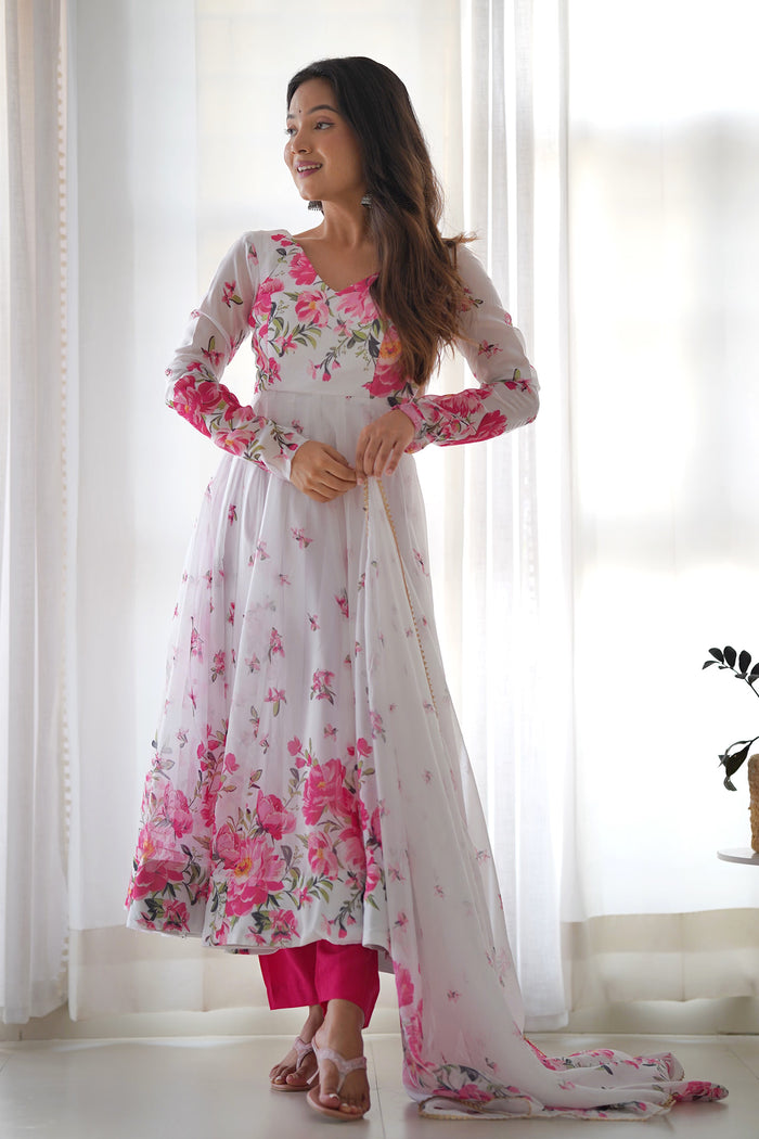 Cloud White Organza Floral Printed Anarkali Set