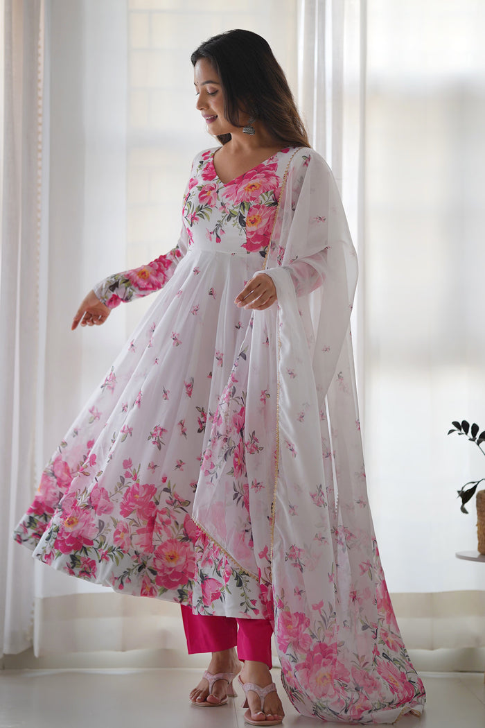 Cloud White Organza Floral Printed Anarkali Set