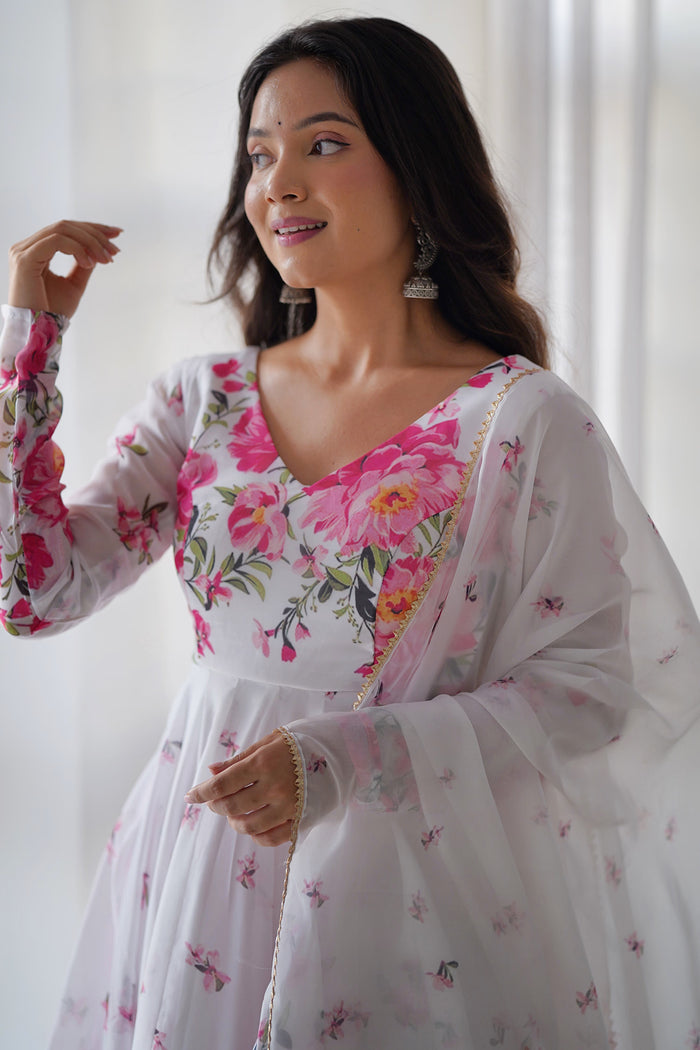 Cloud White Organza Floral Printed Anarkali Set