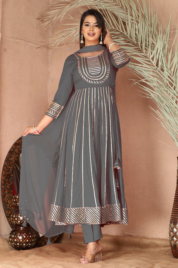 Cloudy Gray Rayon Gota Work Anarkali Set