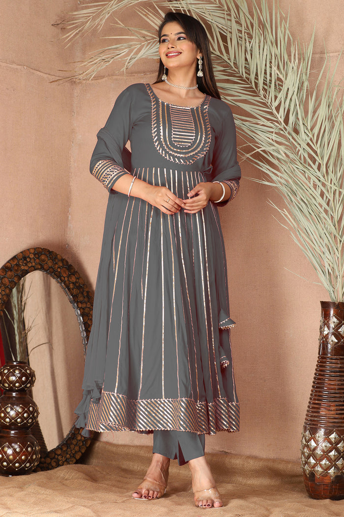 Cloudy Gray Rayon Gota Work Anarkali Set