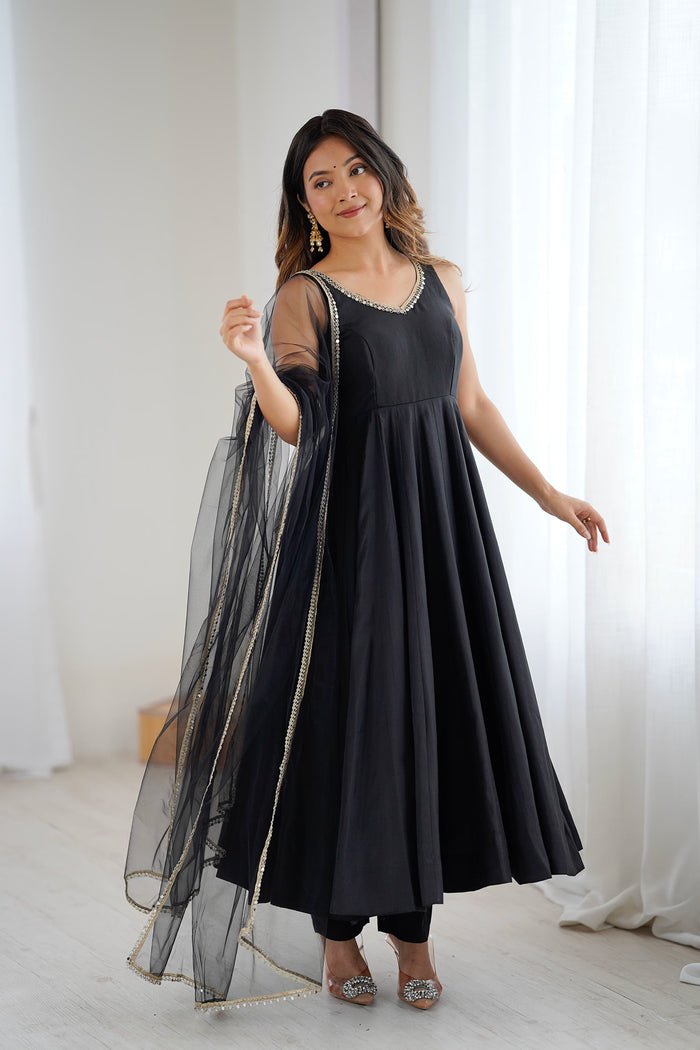 Coal Black Chanderi Solid Anarkali Set