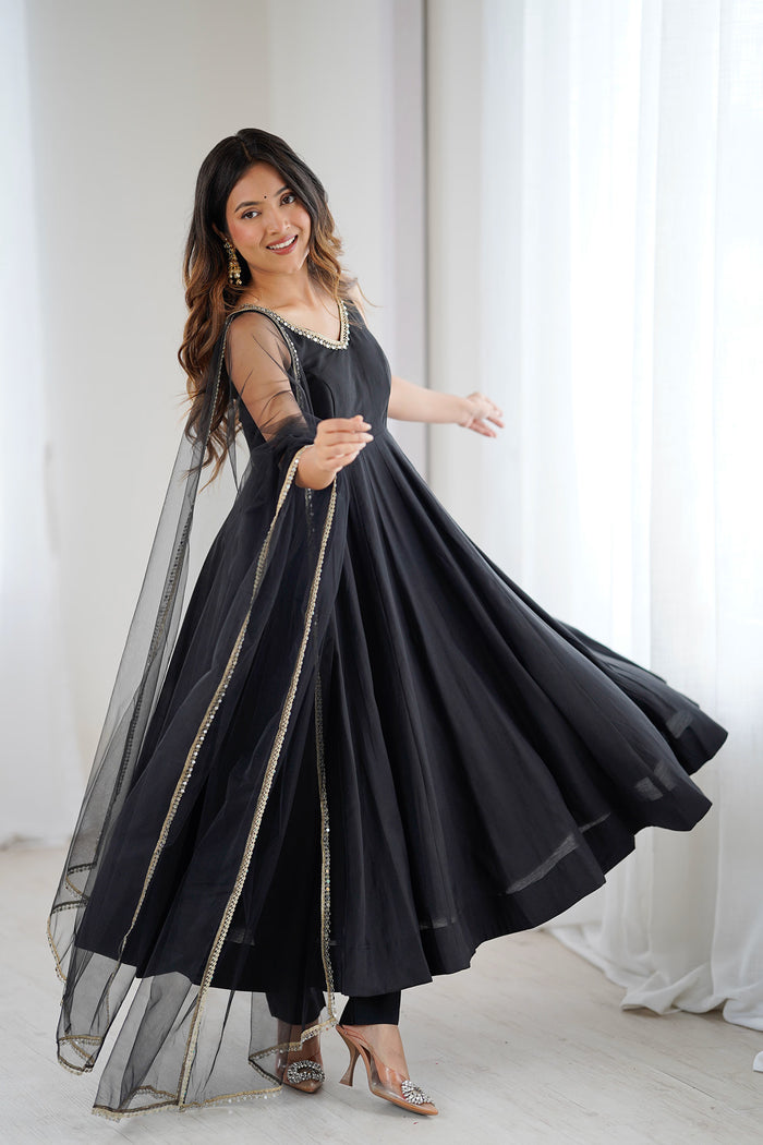 Coal Black Chanderi Solid Anarkali Set