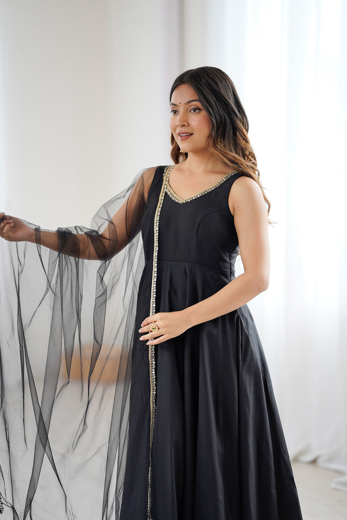 Coal Black Chanderi Solid Anarkali Set