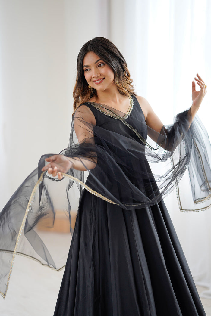 Coal Black Chanderi Solid Anarkali Set
