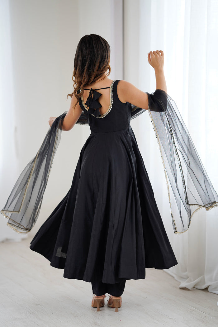 Coal Black Chanderi Solid Anarkali Set