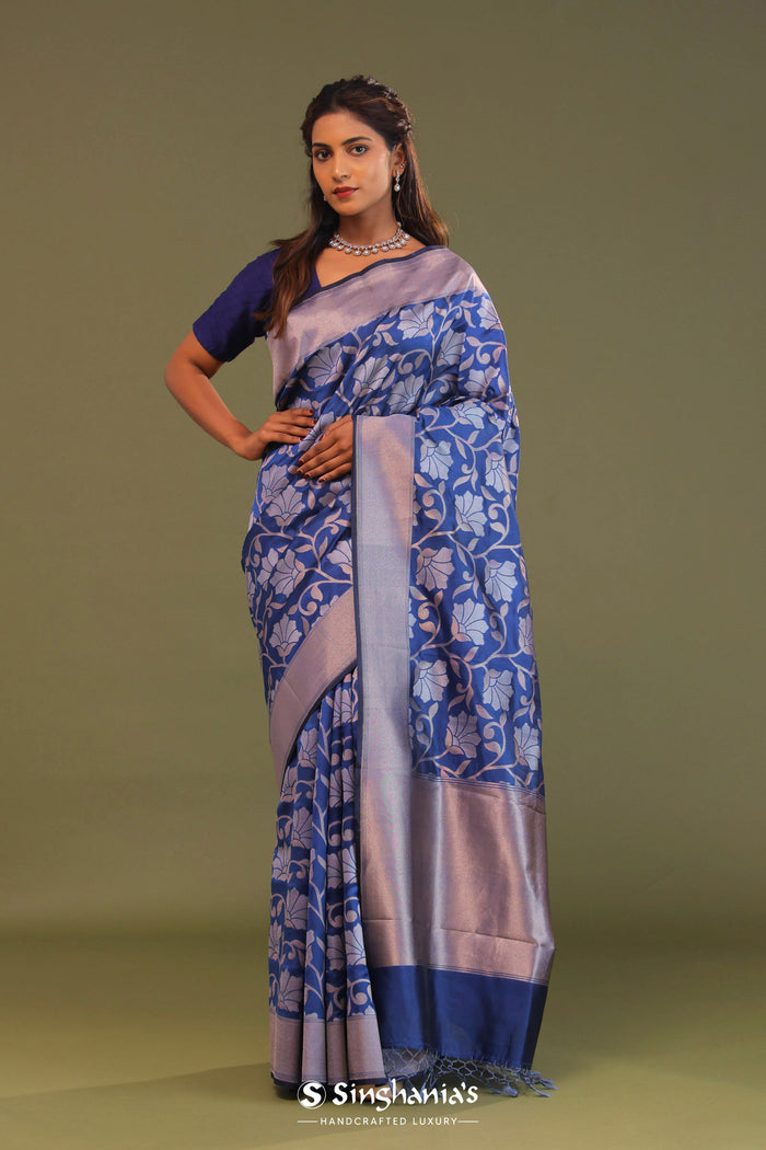 <img> Cobalt Blue Banarasi Saree With Floral Jaal