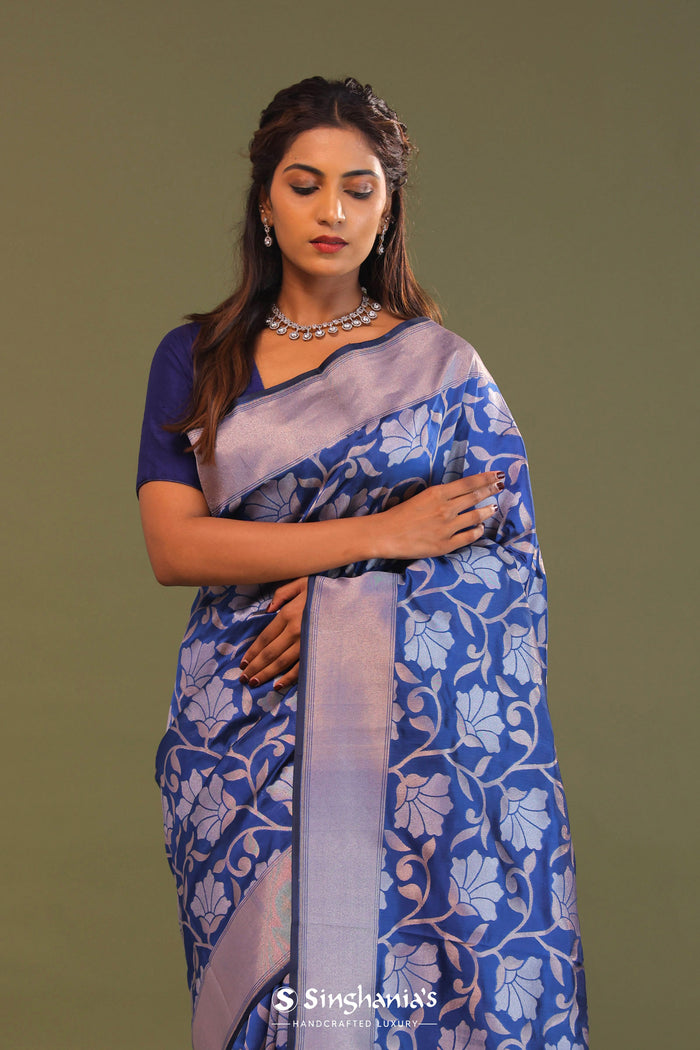 <img> Cobalt Blue Banarasi Saree With Floral Jaal