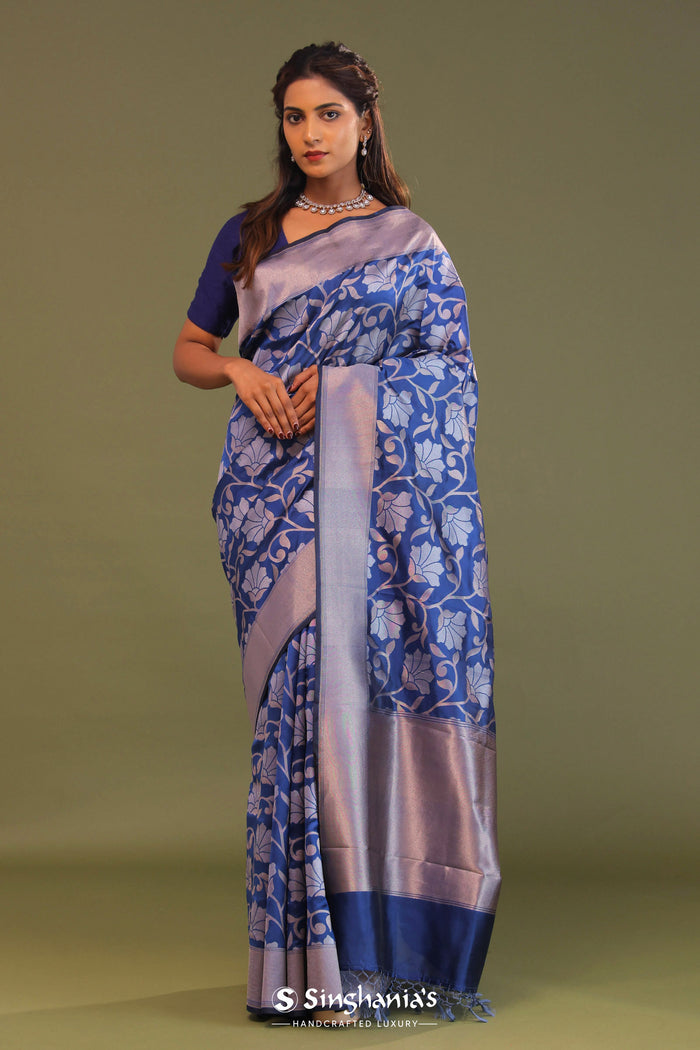 <img> Cobalt Blue Banarasi Saree With Floral Jaal