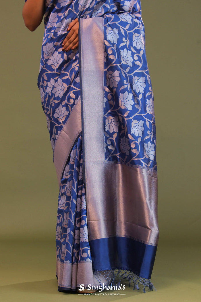 <img> Cobalt Blue Banarasi Saree With Floral Jaal
