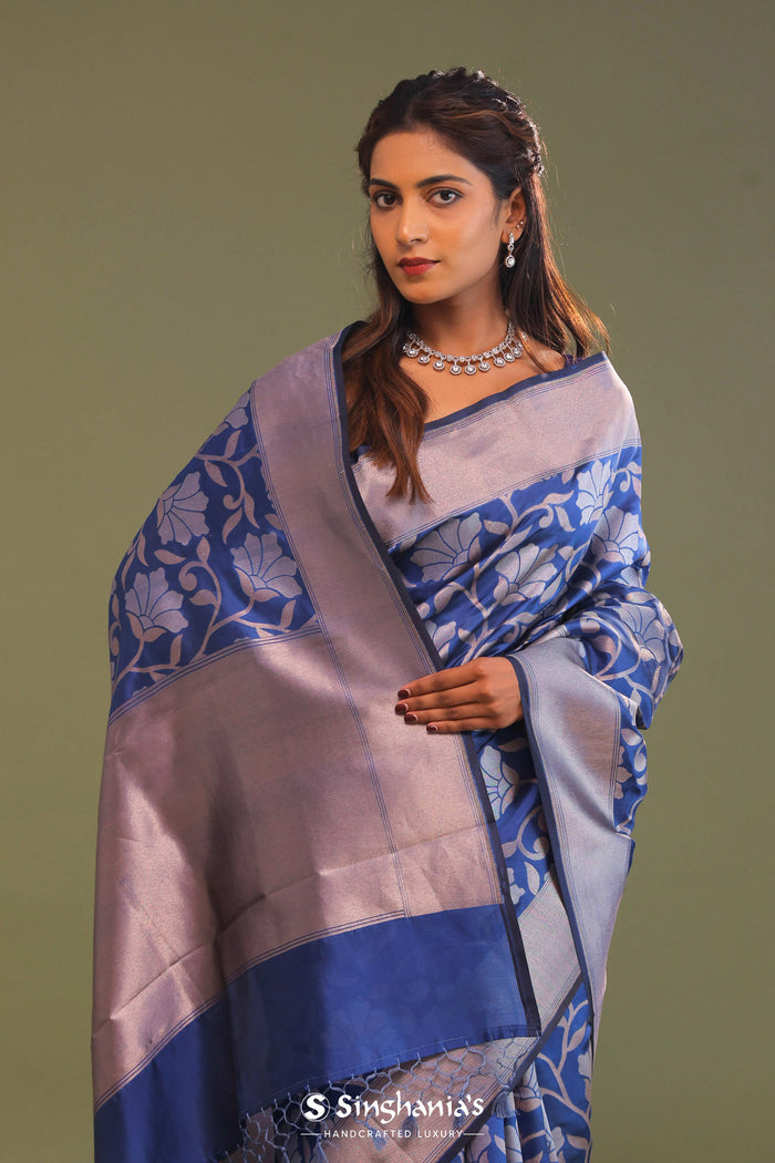 <img> Cobalt Blue Banarasi Saree With Floral Jaal