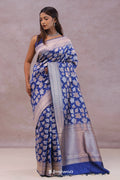 <img> Cobalt Blue Banarasi Silk Saree With Gold And Silver Zari Weaving