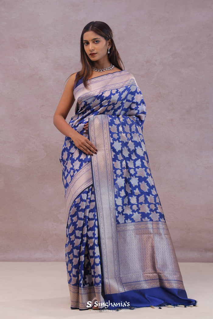 <img> Cobalt Blue Banarasi Silk Saree With Gold And Silver Zari Weaving