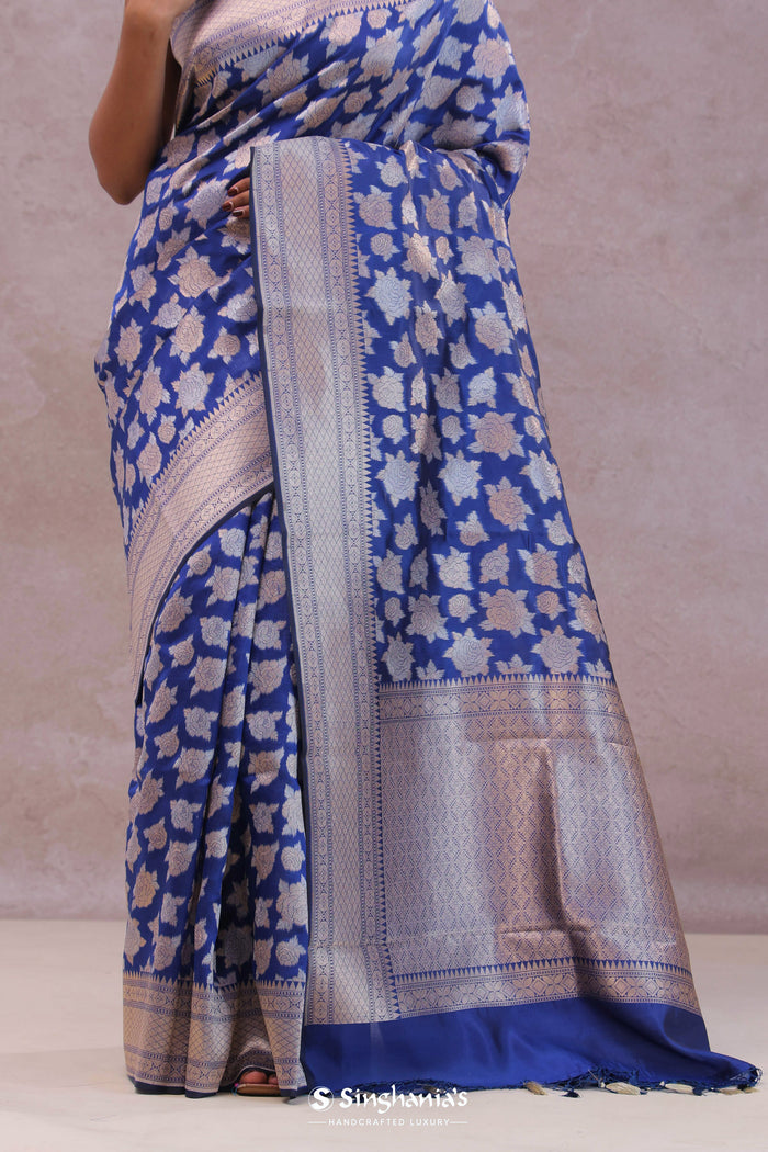 <img> Cobalt Blue Banarasi Silk Saree With Gold And Silver Zari Weaving