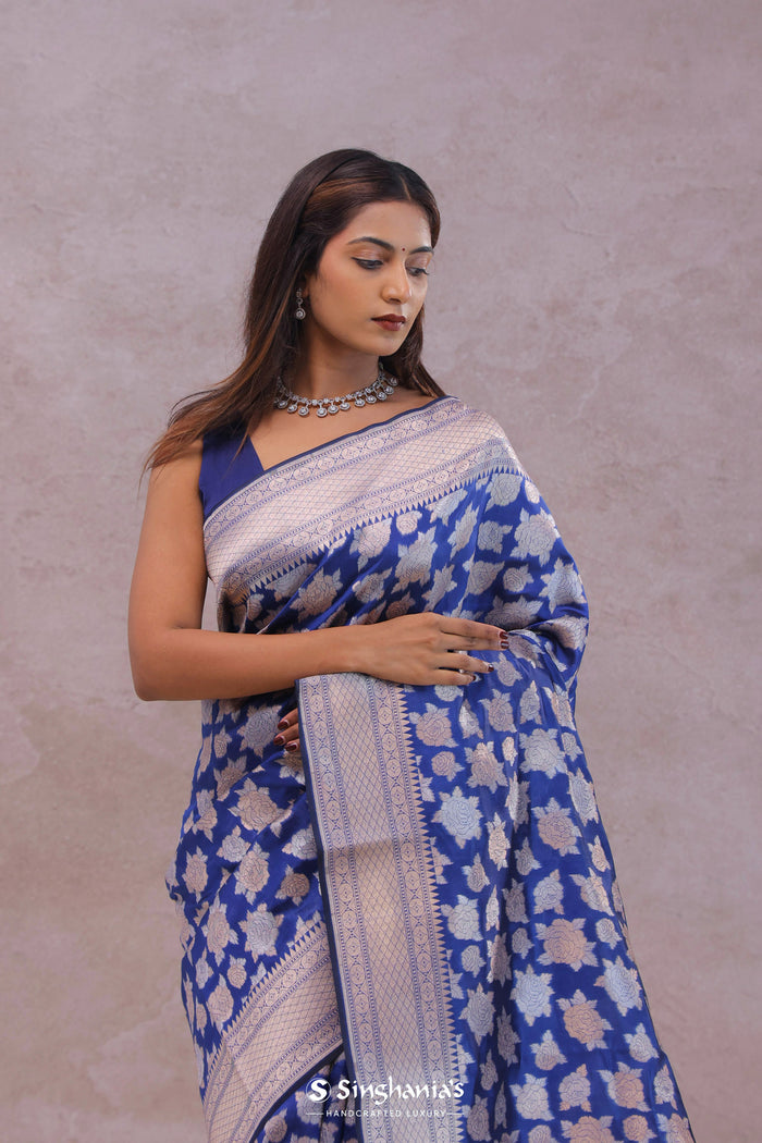<img> Cobalt Blue Banarasi Silk Saree With Gold And Silver Zari Weaving