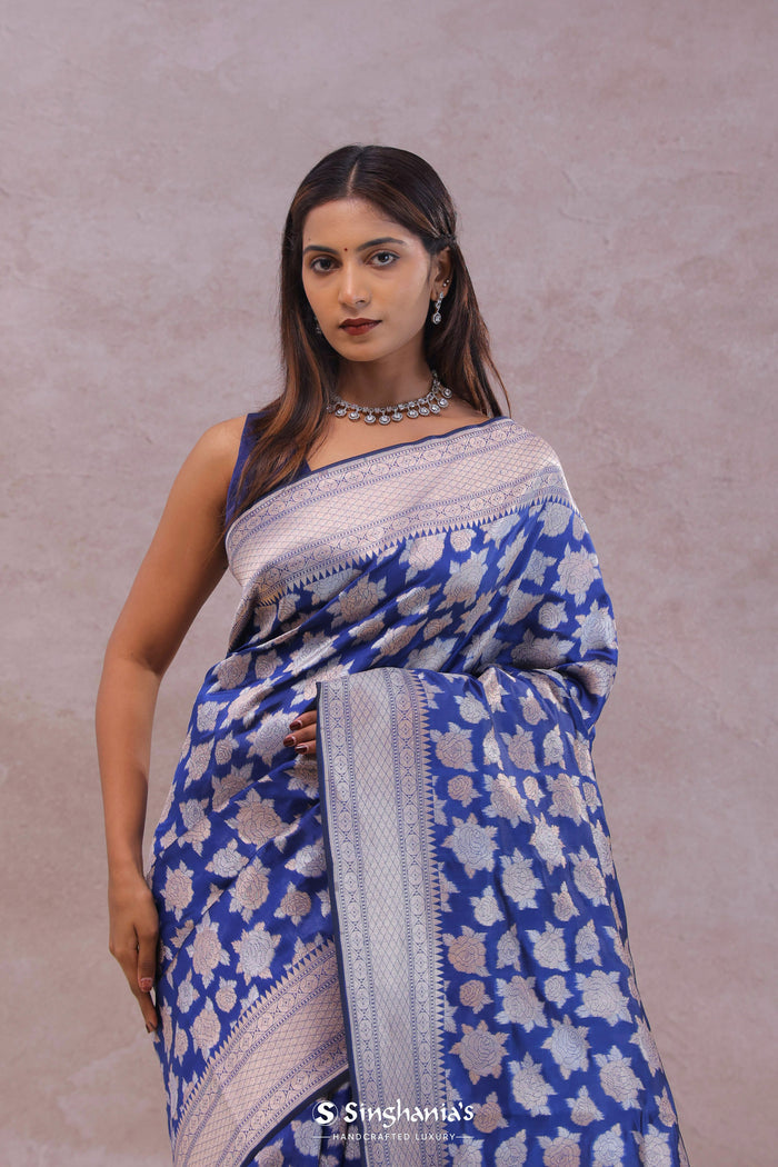 <img> Cobalt Blue Banarasi Silk Saree With Gold And Silver Zari Weaving