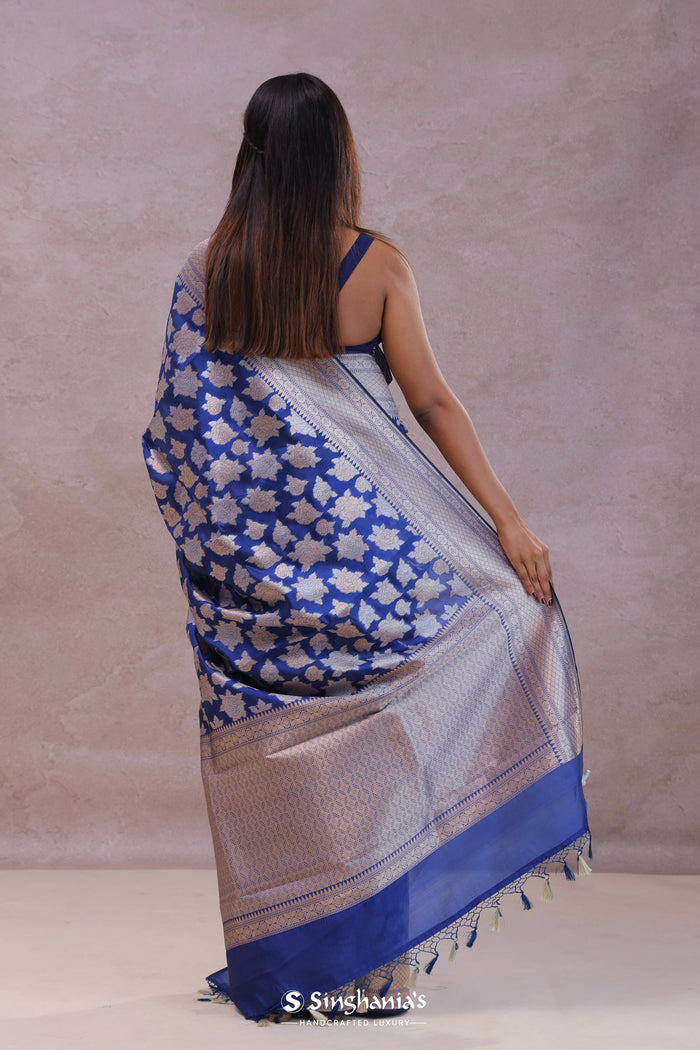 <img> Cobalt Blue Banarasi Silk Saree With Gold And Silver Zari Weaving