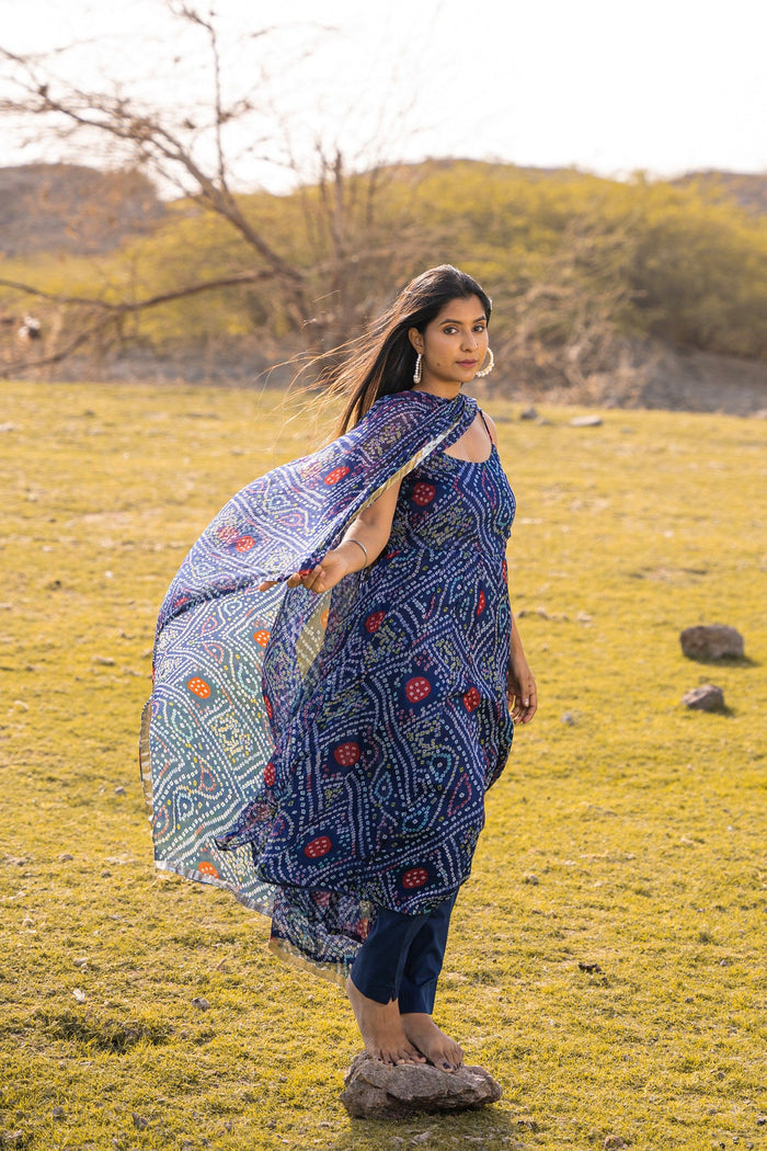 <img> Cobalt Blue Chiffon Bandhani Anarkali Set