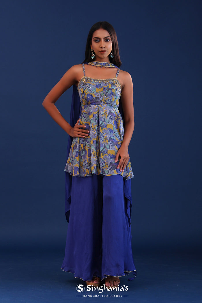 <img> Cobalt Blue Chinon And Organza Printed Kurti Set
