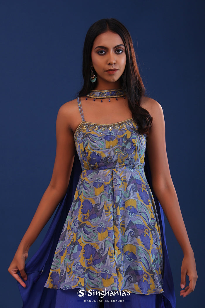 <img> Cobalt Blue Chinon And Organza Printed Kurti Set