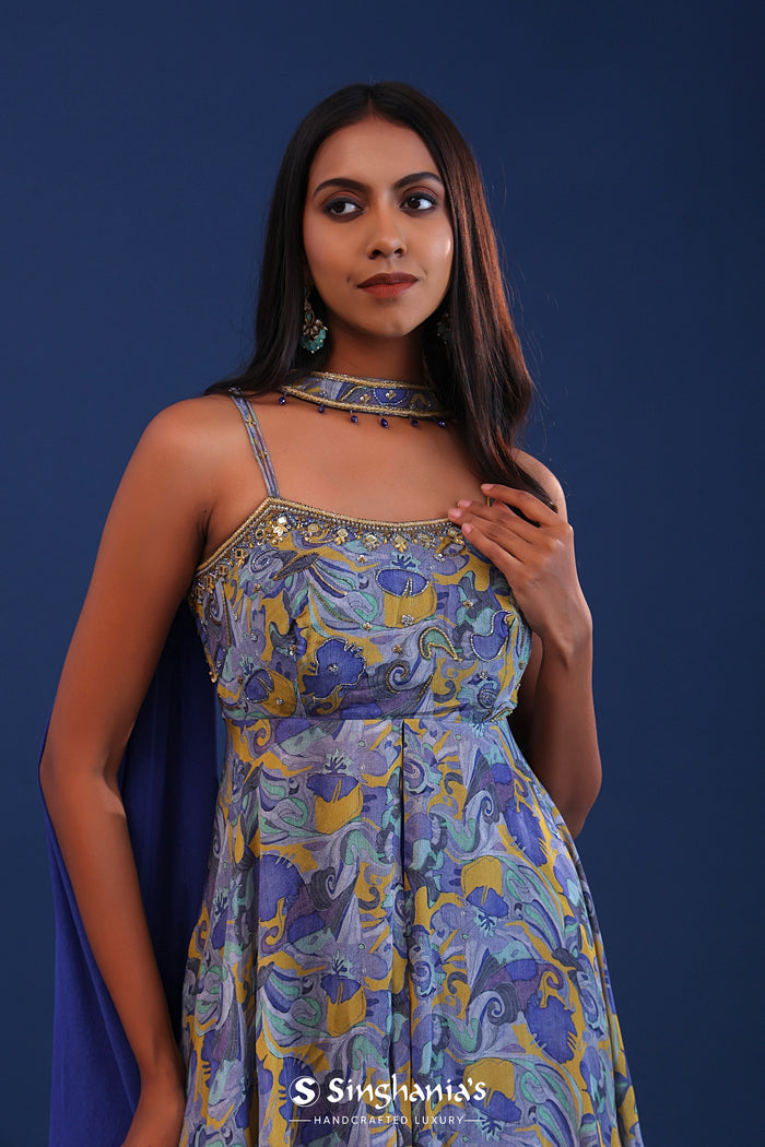 <img> Cobalt Blue Chinon And Organza Printed Kurti Set