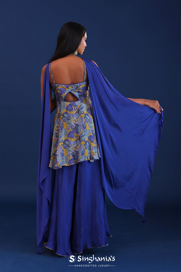<img> Cobalt Blue Chinon And Organza Printed Kurti Set
