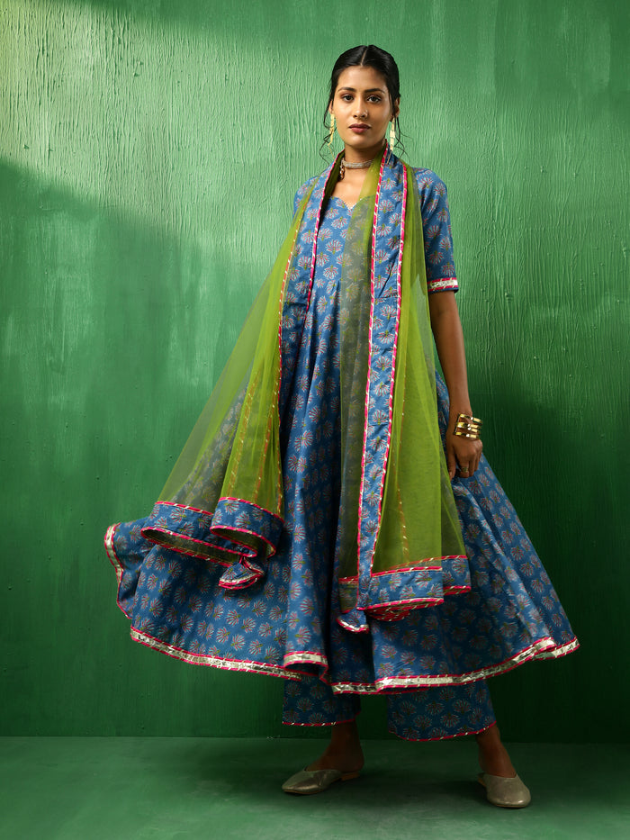 Cobalt Blue Floral Printed Cotton Anarkali Set With Green Dupatta