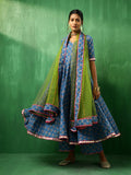 Cobalt Blue Floral Printed Cotton Anarkali Set With Green Dupatta