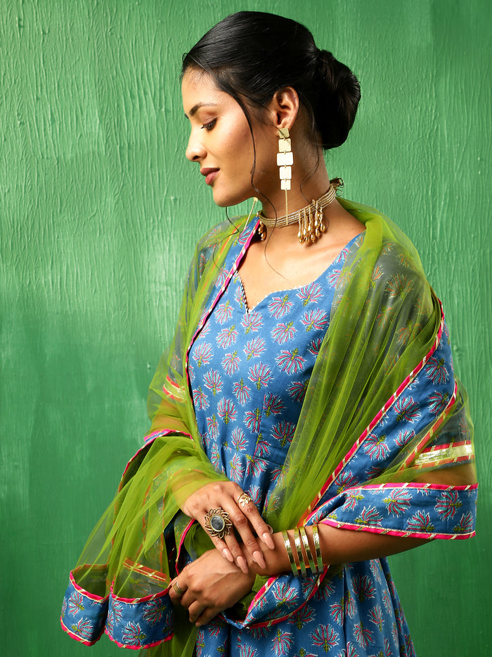 Cobalt Blue Floral Printed Cotton Anarkali Set With Green Dupatta