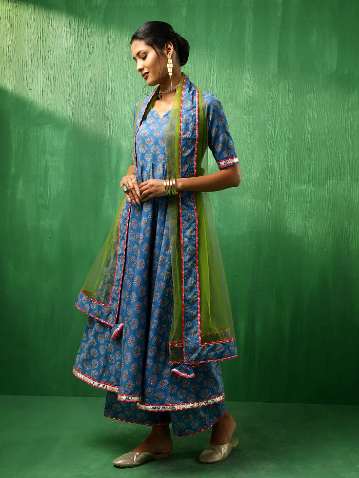 Cobalt Blue Floral Printed Cotton Anarkali Set With Green Dupatta
