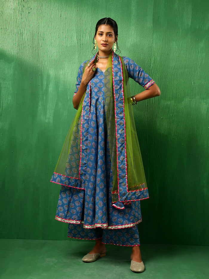Cobalt Blue Floral Printed Cotton Anarkali Set With Green Dupatta