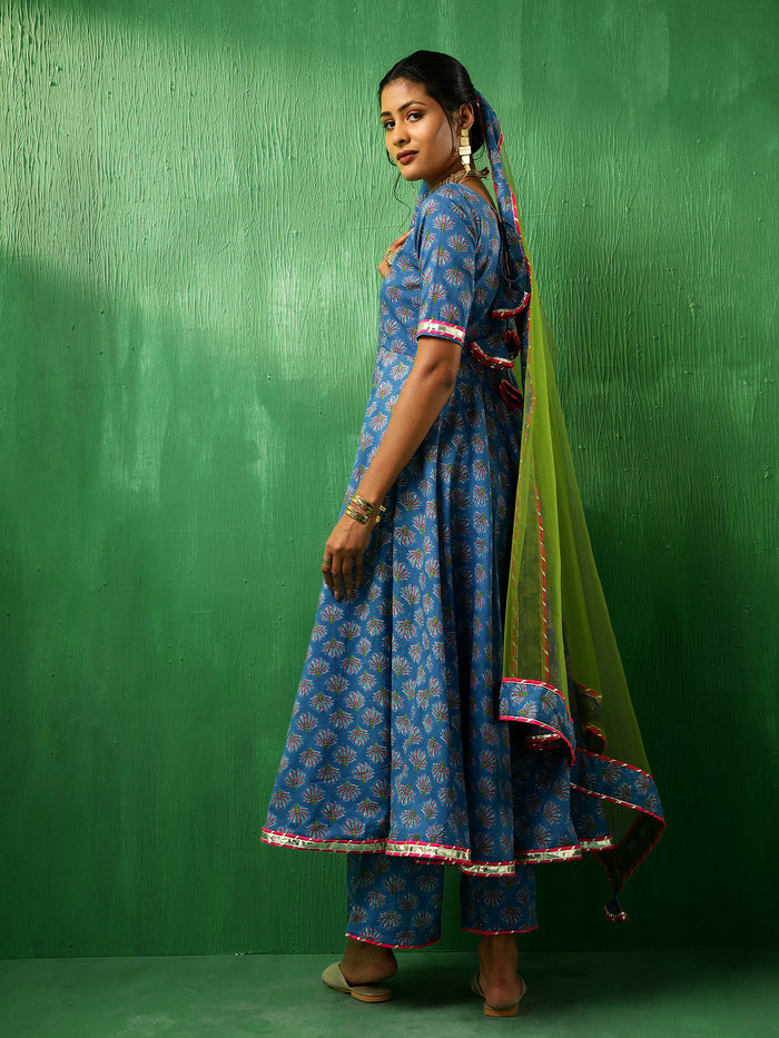 Cobalt Blue Floral Printed Cotton Anarkali Set With Green Dupatta