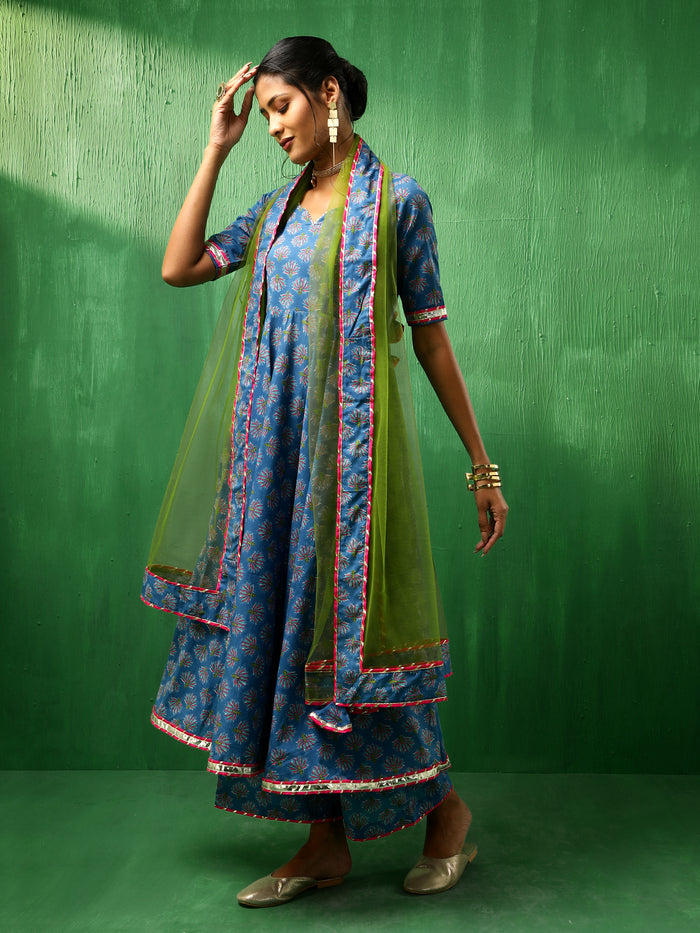 Cobalt Blue Floral Printed Cotton Anarkali Set With Green Dupatta