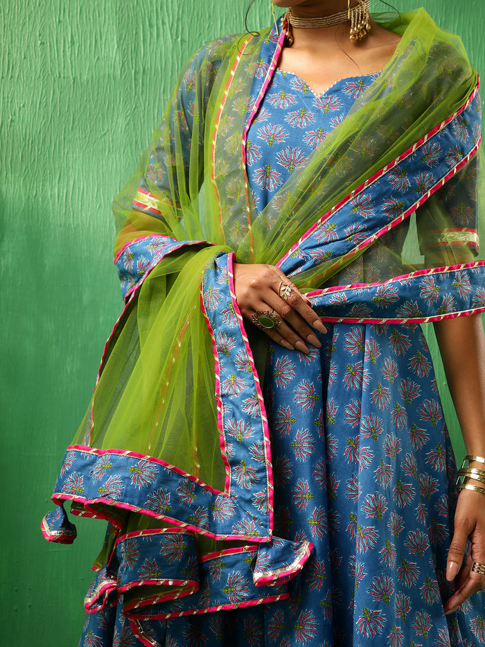 Cobalt Blue Floral Printed Cotton Anarkali Set With Green Dupatta
