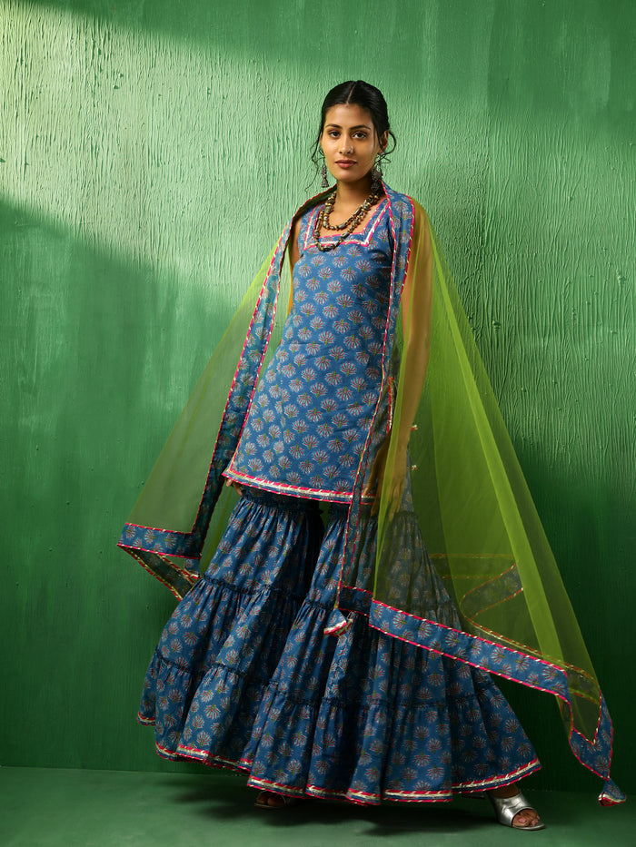 Cobalt Blue Floral Printed Cotton Sharara Set With Green Dupatta