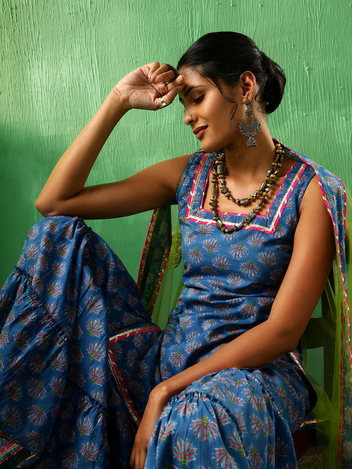 Cobalt Blue Floral Printed Cotton Sharara Set With Green Dupatta