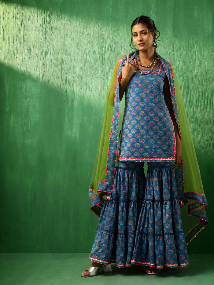 Cobalt Blue Floral Printed Cotton Sharara Set With Green Dupatta