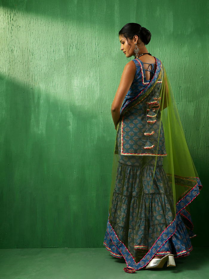 Cobalt Blue Floral Printed Cotton Sharara Set With Green Dupatta