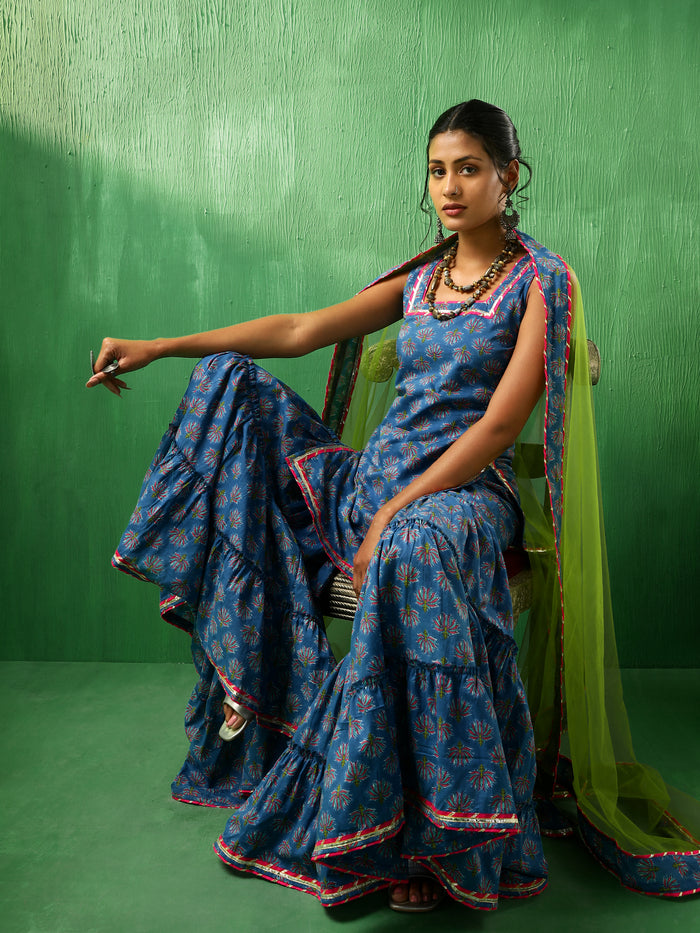 Cobalt Blue Floral Printed Cotton Sharara Set With Green Dupatta