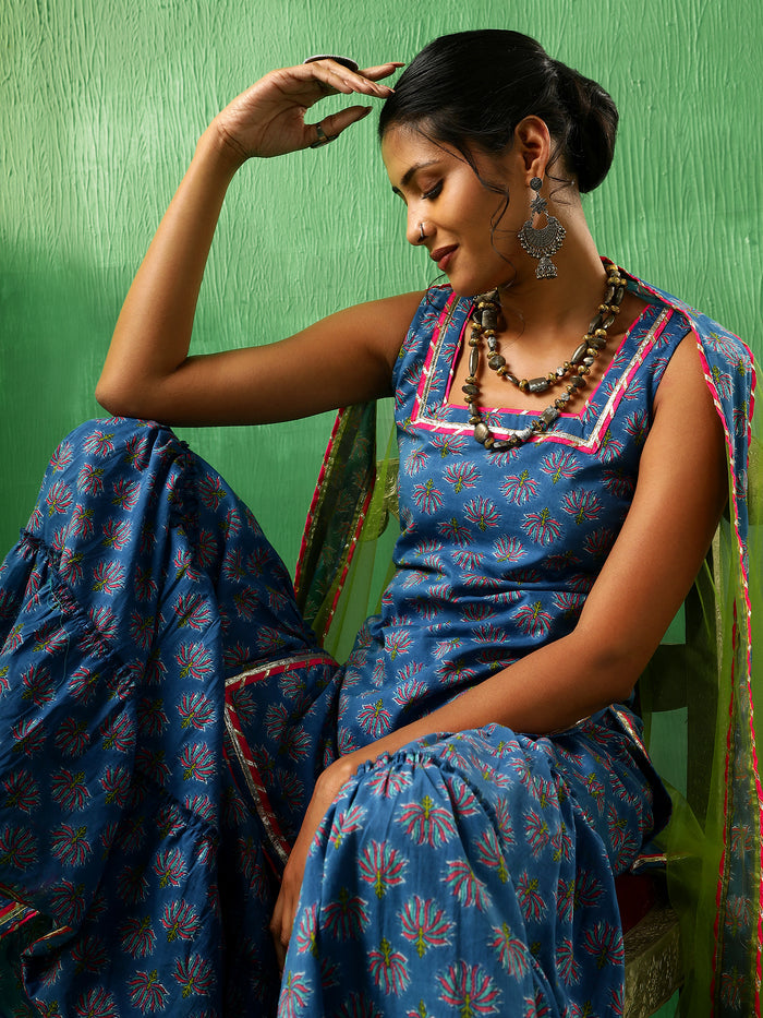 Cobalt Blue Floral Printed Cotton Sharara Set With Green Dupatta