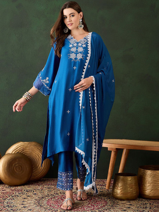 Cobalt Blue Silk Kurti With Floral Motif Embroidery