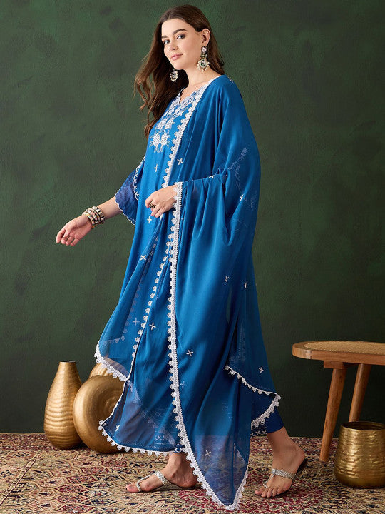 Cobalt Blue Silk Kurti With Floral Motif Embroidery