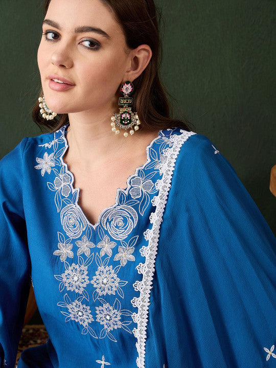 Cobalt Blue Silk Kurti With Floral Motif Embroidery